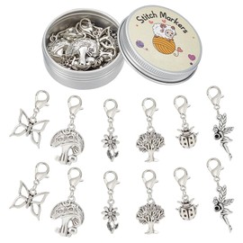PLIGREAT 12 Pcs Silver Butterfly Fairy Charms Crochet Stitch Markers Knitting Row Counter Locking Mark Clips Knitting Tool Kit with Storage Tin Box Gifts for Mom Grandma DIY Jewelry Crafts Accessories