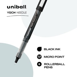 uniball Vision Needle Rollerball Pens, Micro Point (0.5mm), Black, 5 Pack