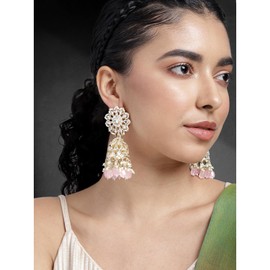 Aheli Gold Plated Pink Kundan & Beads Studded Ethnic Dangle Jhumki Earring Traditional Stylish Fancy Jewellery Gift for Women