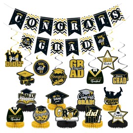 Juego de decoraciones de graduación con temática de oro 2025, pancarta de graduación de felicidades, remolino colgante de graduación y suministros de panal para fiesta