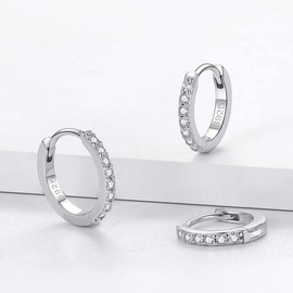 Deyanse Silver Hoop Earrings, 925 sterling silver hoop earrings set with white zirconia, unisex small sleeping cartilage hoop earrings, silver hoop earrings for women girls, 10, 12, 14 mm, Silver Cubic Zirconia, Cubic Zirconia,