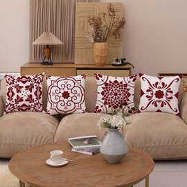 GUHOO Geometric Wine Red Flower Decorative Throw Pillow Covers 18 x 18 Inch, Set of 4 Abstract Wine Red Flower Cushion Cover Square Pillow Cases for Couch Patio Sofa Home Decor