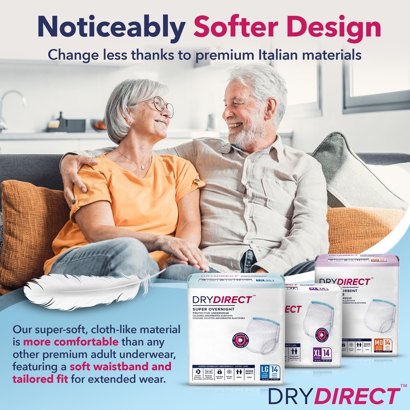 Dry Direct Super Overnight Underwear, Soft Cloth-Like Adult Diapers, Overnight