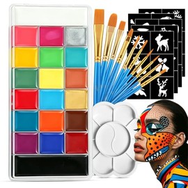 Pintura Facial, Maquillaje Pintacaritas de 20 Colores, Incluye 10 Pinceles, 5 Plantilla, 2 Esponjas y 1 Paleta, Kit de Pintura de Seguro e Inodoro, Ideal para Halloween, Las Fiestas de Disfraces