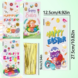 50Pcs Easter Party Favor Bags Bunny Eggs Cellophane Bag 4.9x10.6 Inch Clear Plastic Candy Cookie Treat Bags with Gold Twist Ties for Easter Party Favor Packaging Bag
