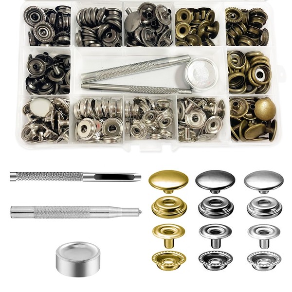 Press Stud Set, 60 Sets 15 mm Fasteners Press Studs No Sewing Metal Trouser Button Snap Buttons Snap for Screwing with Fixing Tool Kit for Leather Craft Clothing Bag