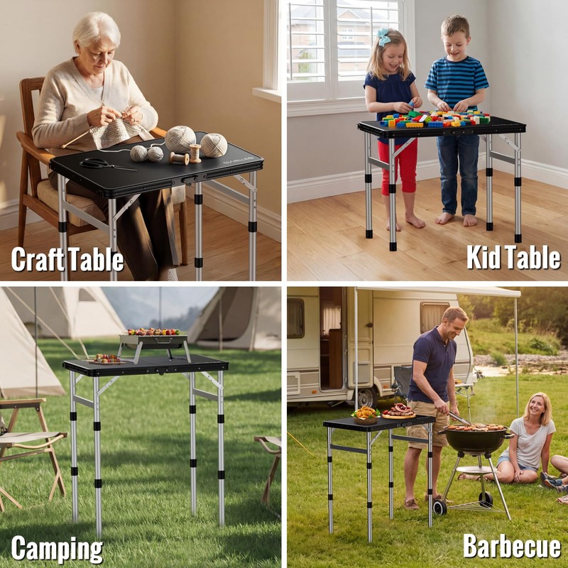 GARLLEN Camping Table with Waterproof High-Density Plastic Tabletop, 3 Adjustable