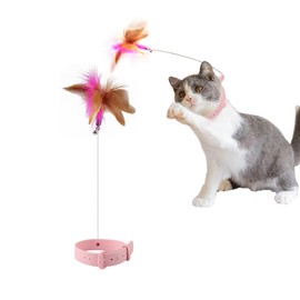 FUNDISINN Cat Teasing Wand Silicone Collar Hands Free Toy with Bell and Feathers Interactive Cat Toys (Pink)