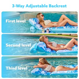 SLOOSH Adjustable Backrest Pool Floats - Tropical Leaves Pool Lounger Floaties Adults with Cup Holders, Inflatable Tanning Float Rafts Chair Beach Lake Lounge Floating Above Water Keep Cool (Blue)