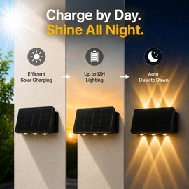 TERVEEX Solar Wall Lights Outdoor, 6 LED Solar Powered Wall Wash Light, Up and Down Lighting, IP65 Waterproof Exterior Fence Lights, Warm White, Auto On/Off for Patio, Fence, Garage, Garden, Yard