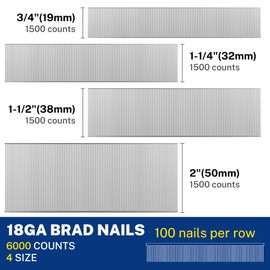 WORKPRO 18 Gauge Brad Nails, 2'',1-1/2'',1-1/4'', 3/4'' 6000 Count Universal Brad Nails for Pneumatic, Electric Brad Nailer