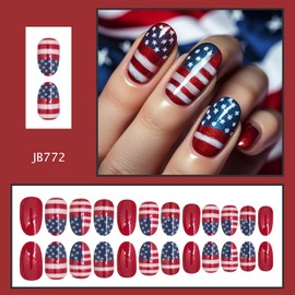 TBRZTR 24Pcs Independence Day Press on Nails Short Oval 4th July Patriotic False Nail Stars Red White Stripes Design Glossy Holiday Artificial Fingernails Full Cover Press Ons Glue on Nails for Women
