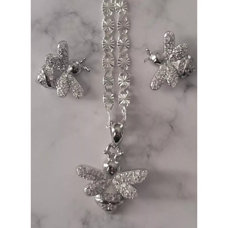 925 Sterling Silver Bee Stud Earrings & Necklace Pendant Set