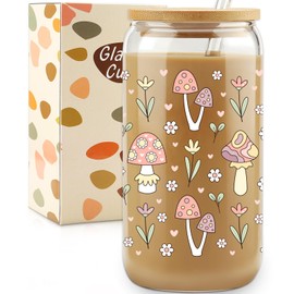 HBESTIE Mushroom Glass Cup with Bamboo Lids Straws, Christmas Gifts, 16oz Retro Hippie Tumbler, Fungi Themed Tumbler Stuff, Iced Coffee Cup, Mushroom Gift for Women, Birthday Gifts for Sister, BFF