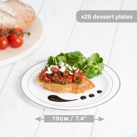 MATANA 25 Premium White Plastic Dessert Plates with Silver Rim, 19cm / 7 Inch - Elegant & Reusable Small Side Plates, Starter Plates for Weddings, Birthdays, Picnic, BBQ, Parties