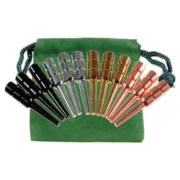 Premium Metal Cribbage Pegs, Set of 12, in Four, 1 5/16” Tall; Tapered to Fit 1/8 Holes, with Green Velveteen Drawstring Storage Pouch