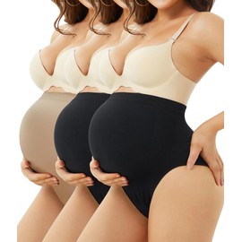 LANCS Maternity Underwear High Waisted Maternity Panties Maternity Shapewear Over Bump Pregnancy Belly Support, Multi-Pack(US, Alpha, X-Large, Regular, Regular, 2Black+1Beige)