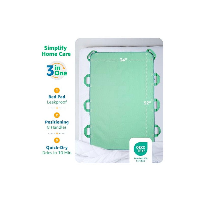 Improvia Positioning Bed Pad, with 8 Reinforced Handles, Quick-Drying, Washable,
