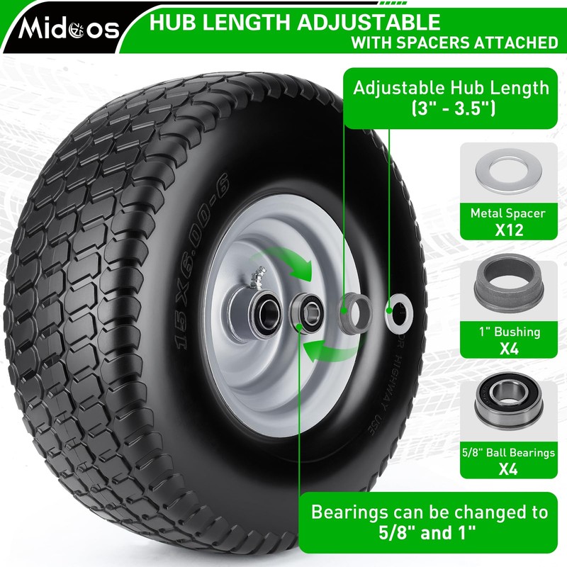 2pcs 15x6.00-6 Flat Free Tire And Wheel, 15x6-6 NHS Lawn