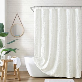 Peri Home 100% Cotton Fabric Shower Curtain for Bathroom, 72 x 72 inches, White Chenille Laurel