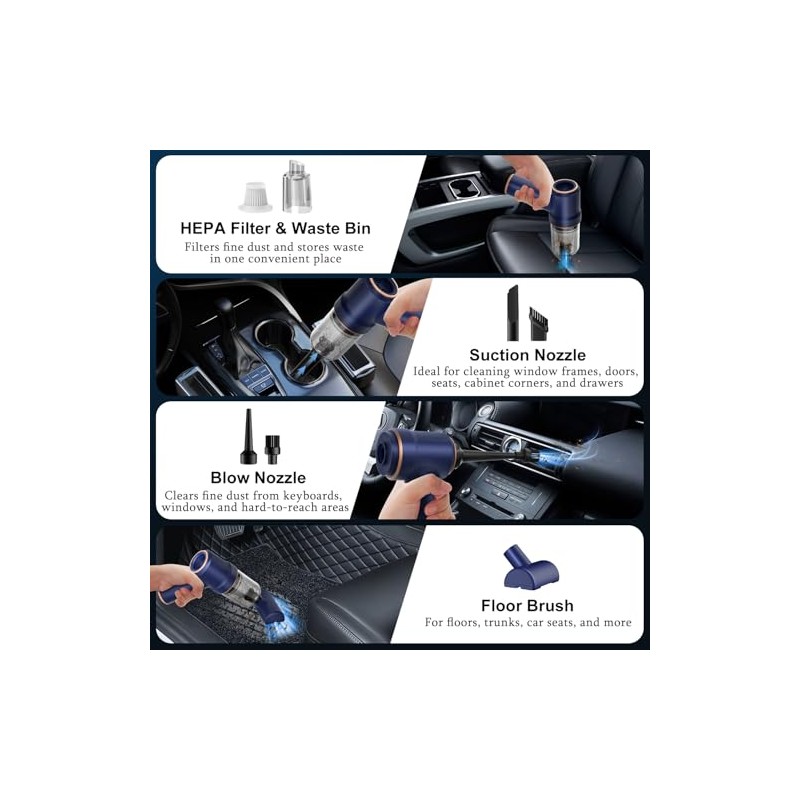 KMM Handheld Car Vacuum Cleaner with LED Light & Multi-Nozzles