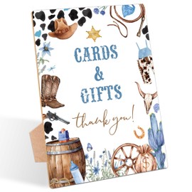 Cowboy Baby Shower Table Sign, Cards and Gifts Sign, Pack of 1 Wooden Tabletop Sign with Stand, Wild West Rodeo Baby Shower Supplies, Gender Reveal Party Decorations - RG23