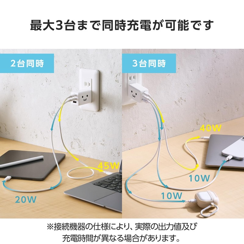 ELECOM Charger, Total 65W, 3 Ports, Type-C USB-A, USB PD