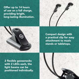 K&M Konig & Meyer Music Stand Light Double 2 LED FlexLight Rechargeable | Black Book Light with Adjustable Goosenecks | Rechargeable Piano Light with USB Charging Cable Included | 0.11kg