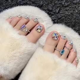 MISUD Silver Press on Toenails Glossy Fake Toe Nails Glue on Nails Bling Glitter Acrylic Toe Fake Nails Supplies Rhinestone False Toenails Art with Design Full Cover Press-on Toe Nails DIY 24pcs