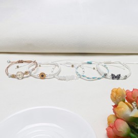 HEYu String beads Charm Bracelets set exquisite Cute Cartoon Daisy Butterfly Flower Beads Bracelets for woman and Adjustable bracelet jewelry birthday Gift For Friends (White set)