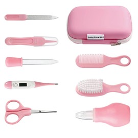 PandaEar Baby Healthcare and Grooming Kit, Baby Safety Set Baby Comb, Brush, Finger Toothbrush, Nail Clippers, Scissors, Nasal Aspirator, Baby Essentials Nursery Care Kit (Pink)