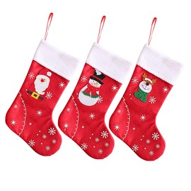 JOMA-E Shop Christmas Stocking Set of 3, Classic Santa Snowman Reindeer Xmas Stockings for Tree Fireplace Stairs Christmas Decorations Sack, Christmas Ornament Candy Pouch Gift Bags for Kids (Red)