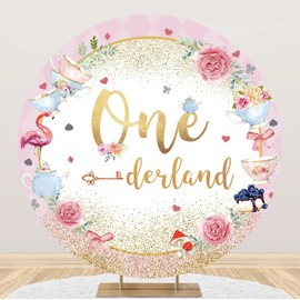 Laeacco 7x7ft Girls 1st Birthday Photography Backdrop Polyester Onederland Round Backdrop Cover Mad Tea Party Flamingo Gold Glitter Dots Pink Flower Sweet Girls First Birthday Party Decor Photo Studio