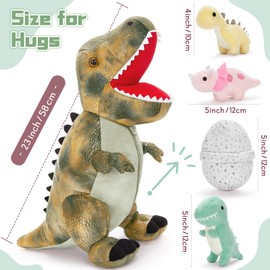 MorisMos Big Dinosaur Teddy Stuffed Animal, 58cm Cuddly Fluffy Mom with Babies Inside, Large Grey T-Rex Soft Toys Kawaii Dino Present for Kids Birthday Christmas Deco