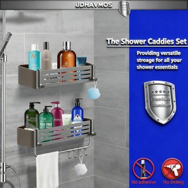 JDHAVMOS Suction Cup Shower Caddy - No Drilling Removable, Corner Shower Shelves - Aluminum Rustproof, Corner Shower Caddy with Towel Bar & Hooks for Bathroom Organizer (1Pack Gunmetal Gray)