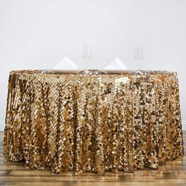 MO Distributing Sequin Round Tablecloth 120" Big Payette Gold Premium Quality Wedding Birthday Christmas Party Hall Decoration