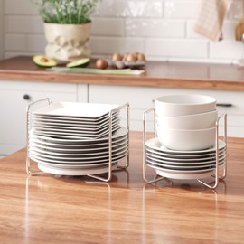 Dish Rack for Kitchen Countertop Organizer - Bamboo Plate Organizer for Cabinet Space Saver, Adjustable Stainless Steel 304 Plate and Bowl Holder with Portable Handle for Drawer Cupboard Shelf RV