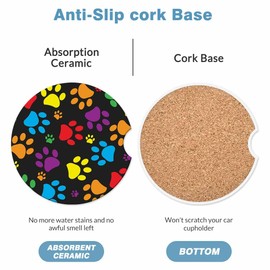 Colorful Paw Print Car Cup Holder Coaster 2 Pack Absorbent Ceramic Car Coasters for Cup Holders Car Accessories Interior for Women Men Universal Anti Slip Cork Base Cup Coasters with Finger Notch