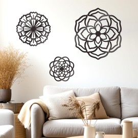 Zzbakress 3 Pcs Metal Flowers Wall Decor Black Wall Decor Metal Flower Art Farmhouse Wall Decor Multiple Flowers Hanging Decor for Bathroom Living Room Kitchen Garden Office (Black Retro)