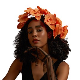 Romantic Flower Headband for Women,Non Slip Headpiece Lace Headband for Wedding Decoration Party Birthday Dance Headwear(Orange)