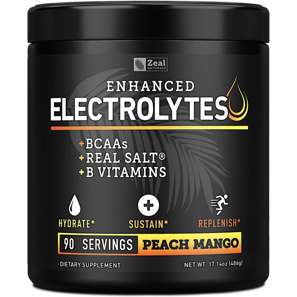 Enhanced Electrolyte Powder (Peach Mango | 90ct.) + BCAA, B-Vitamins & Real Salt® - Hydration Powder w Potassium, Sodium, Zinc, Magnesium for Hydration