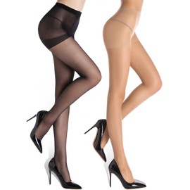 ZIHUA 2 Pairs Sheer Tights for Women, 20 Denier Control Shaping Nylon Ladies Clear Pantyhose(Black+Nude,L)