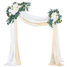 Thiccywoov 4 Pcs Artificial Wedding Arch Flowers Kit Include 2 Artificial Floral Swag and 2 White Chiffon Drapes, Faux Flower Set for DIY Wedding Party Reception Ceremony Backdrop Rose Decoration