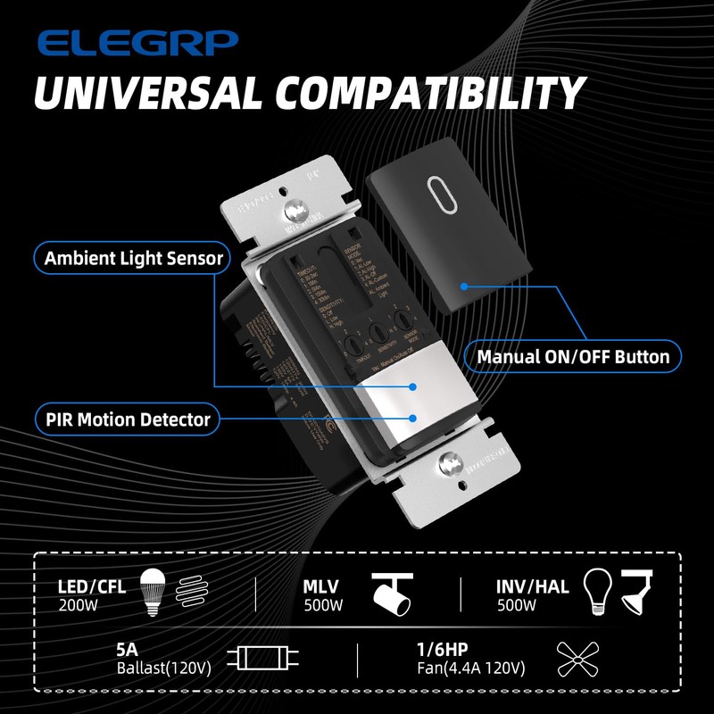 ELEGRP Matte Black Single Pole Occupancy Motion Sensor Light Switch,
