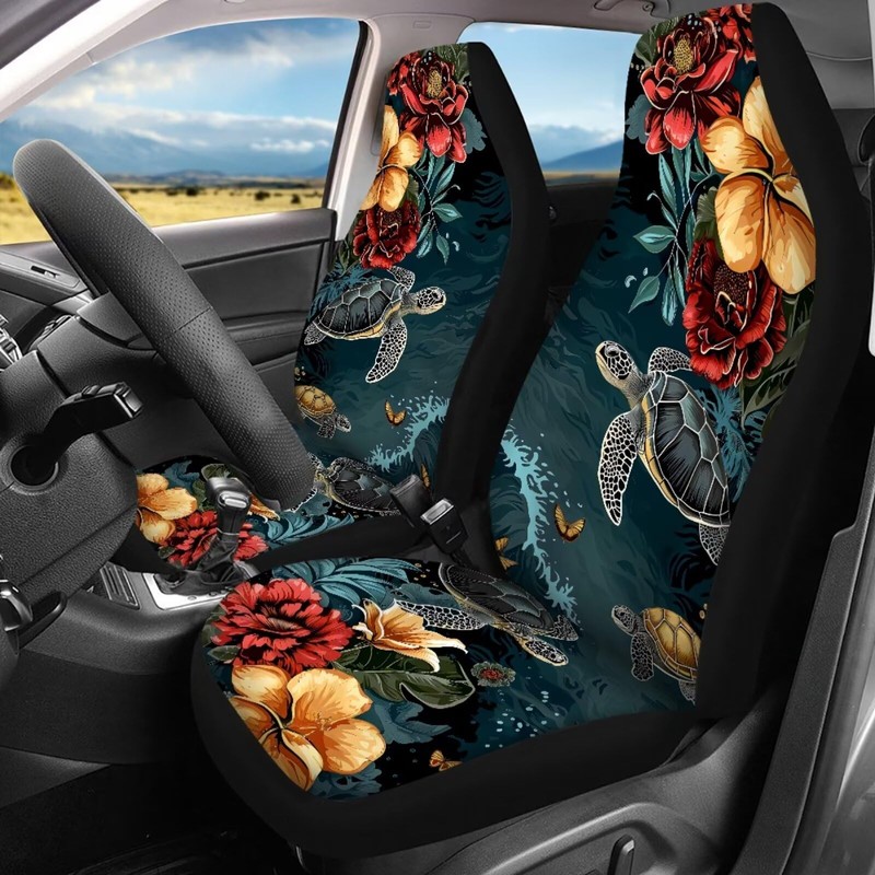 Howilath Sea Tuetle Hibiscus Flower Front and Rear Seat Covers