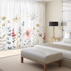 Fereyis Natural Sheer Window Curtains Elegant Pink Flower Floral Spring Butterfly Printing Drapes Grommets Textured Farmhouse Window Curtain for Bedroom Living Room 2 Panels 54WX84H Inch