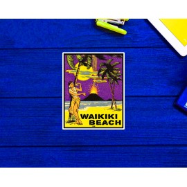 Waikiki Beach Hawaii Vintage Hula Volcano Beach Ocean Palm Trees Sticker 3.7"