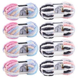 Chunky Yarn for Hand Knitting 8 Pack, Jumbo Chunky Chenille Yarn for Hand Knitting, Chunky Chenille Yarn for Crocheting (Marshmallow Color+Kitten Color)