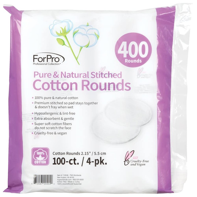 ForPro Pure & Natural Stitched Cotton Rounds for Face (400-Count),