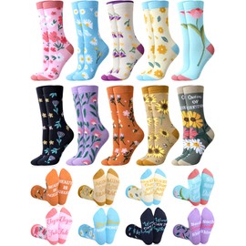 Cutecrop 10 Pairs Flower Socks for Women Plant Socks with Inspirational Words Novelty Funny Crew Socks for Birthday Gift (Elegant Style)